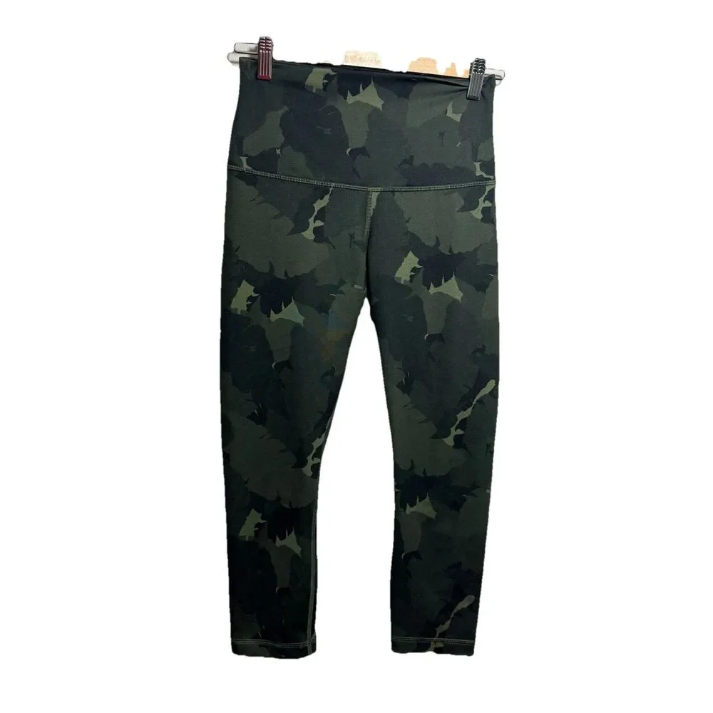 Lululemon Green Leaf Camo Printed Crop Leggings Fold Over Waistband Sz 6